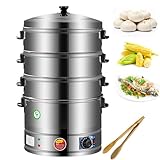 Dampfgarer aus Edelstahl, 3-stöckig, mit automatischer Heizung, 40/47/52 cm, abnehmbarer Boden, kompakte Aufbewahrung und 3 Schüsseln für Fleisch, Knödel, Reis