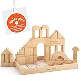 Merle Toys® Premium Holzbausteine Natur, Bauklötze Holz Groß für kreatives Bauen, Große Bausteine Holz, Bausteine ab 2 Jahre, Bauklötze ab 3 Jahre, 100% FSC-zertifizierte Holzbauklötze, 46er Set