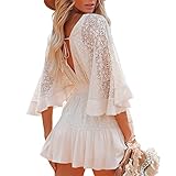 Geagodelia Damenkleid, Spitze, V-Ausschnitt, rückenfrei, Strandkleid, Urlaub, Weiß, sexy, kurz, mit 1/2-Ärmeln, weiß, Small