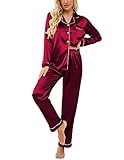 Ekouaer Schlafanzug Damen Lang Satin Schlafanzug Winter Hausanzug für Frauen Seide Pyjama Set Sleepshirt mit Knöpfe,Rot,S