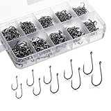 Angelhaken, Set mit 200 Angelhaken aus Kohlenstoffstahl, Angelhaken mit Widerhaken, Angelzubehör mit Kunststoff-Organizer, Salzwasser-Süßwasserhaken für Thunfisch, Wels, Barsch und mehr