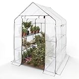 Arebos Premium Foliengewächshaus Gewächshaus mit 3 Ebenen - 143 x 143 x 195 cm Treibhaus mit Ablagen & Ventilationsfenster - Platzsparend, Hochwertiges Anzuchthaus Garten Balkon Stabil
