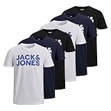 JACK&JONES Herren T-Shirt, 6er Pack - JJECORP Logo Tee O-Neck, Logo-Print, Baumwolle Schwarz/Weiß/Marineblau XL