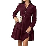 Alaster Queen Damen Herbstkleid Herbst Winter Kleid Langarm Volant Blusenkleid Damen Strickkleid Mit Taschen V-Ausschnitt Knielang Kleid Festlich Elegant Autumn Dress,Rot,L