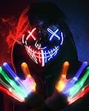 Horror Halloween Maske Totenkopf Handschuhe Kostüm Herren, The Purge Maske leuchten 6 Modi LED Glühhandschuhe, LED Scream Ghostface Halloween Maske, Halloween Kostüm Kinder Jungen Teenager--Blau＆ Rot