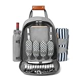 Picknick-Rucksack für 4 Personen mit Kühlfach und Weinhalter, Fleecedecke, Besteck-Set, für Camping, Strand, Tagesreisen, Wandern, Zubehör, Zubehör (Hellgrau)