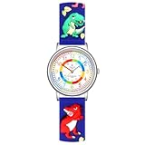 Alienwork Kids Dino T-Rex Lernuhr Kinderuhr Jungen Mädchen Silber Kautschuk-Armband Marineblau Mehrfarbig Kinder-Uhr Wasserdicht 5 ATM Zeit Lernen