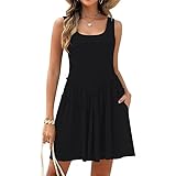 Satohom Sommerkleid Damen Ärmelloses Freizeit Knielang Kleider Einfarbig Lose Boho Blusenkleid Strandkleid Casual U-Ausschnitt Elegant Midi Kleid A-Linie Kleider mit Tasche Wickelkleid S-XL