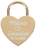 Liebesschloss mit Gravur und Schlüssel - Herzschloss Vorhängeschloss personalisiert mit Wunschtext - Pärchen Geschenke für Frauen - Jahrestag Geschenk für Sie - Partner Geschenke für Ihn (Gold)