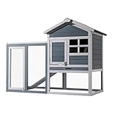 Wiltec Hasenstall grau-weiß 1220 x 630 x 920 mm mit Freilaufgehege und erhöhtem Unterschlupf aus Holz, Kaninchenkäfig mit 2 Etagen, Kleintierstall