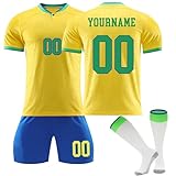 Generisch Brasilien Personalisiert Fußballtrikots mit Eigenem Namen/Nummer, Hause/Auswärts Fussball Trikot Shorts Socken Komplettset für Herren/Kinder