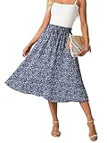 GRECERELLE Damen Rock Sommer Midi Langer Midirock A-Linie Flowy mit Taschen leicht und luftig (Blau Weiße Blume, M)