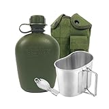 BeGrit Feldflaschenbecher Tragbar 1L Militär Überleben Trinkflasche Camping Wasserflasche mit Aluminium Draussen Feldflasche Stofftasche Grün Löffel für Sportwanderungen Camping Reisen Picknick
