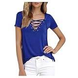 Damen-Top, kurzärmelig, V-Ausschnitt, überkreuzt, Kordelzug, Basic-T-Shirt, lässig, zum Ausgehen, einfarbig, dunkelblau, L