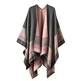 colornival Poncho Damen Winter Warm Elegant Poncho Decke Poncho Cape Strick Poncho Mantel Winter Poncho Schal Frauen Geschenk für Geburtstag Weihnachten (grau + rosa)