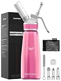 SimCoker Sahnespender 500ml,Aluminium Schlagsahnebereiter,Sahnesiphon Ersatzteile 3 Edelstahl Spritztüllen 1 Reinigungbürste,Deutsche Anweisungen,Rosa