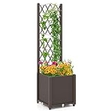 COSTWAY Blumenkasten mit Rankgitter, Pflanzkasten für Kletterpflanzen, Hochbeet mit Spalier, Blumenkübel für Garten Hof Balkon, Gartenspalier Rankkasten mit Selbstbewässerung (Braun, 40 x 40 x 140 cm)