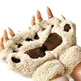 Halbhandschuhe Fingerlos Handschuhe Damen Mädchen Plüsch Halb Handschuhe dicken warmen Fingerhandschue Cartoon Tier Bär Katze Krallen Winterhandschuhe