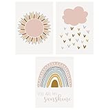 Bilder Kinderzimmer, 3er Set Bilder Kinderzimmer Mädchen, Set Poster Kinderzimmer Deko, Set A4 Poster, Regenbogen Wolken Bilder Ohne Rahmen Wandbilder für Jungen Wohnzimmer Schlafzimmer Wanddeko