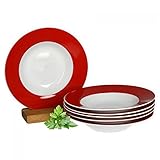 van Well Vario Suppenteller-Set 6-teilig - Teller-Service für 6 Personen - tiefe Pasta-Teller 21,5cm - Porzellan-Set weiß mit Rand in Rot - Salat-Teller mikrowellengeeignet