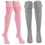 MAJORMENCH 2 Paare Overknees Damen Kniestrümpfe aus Weichem Mohair Gestrickte Oberschenkelhohe Socken mit Hoher Elastizität für Warme Beine Vielseitig Kombinierbar