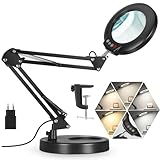 Veemagni 10X Lupe mit Licht, 5 Farbmodi Stufenlos Dimmbar 2-in-1 Schreibtischlampe und Klemme, LED Beleuchtete Lupe mit Licht und Ständer, Hände Frei für Handwerk Hobby Malerei Schließen Arbeit