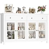 FirFurd Sideboard 140cm Breit Küchenschrank mit Arbeitsplatte Sideboard für Küche Wohnzimmer Buffetschrank mit 2 Schubladen & 4 Glasstüren Küchenbuffet mit Verstellbares Regal weiß 140x90.7x40cm