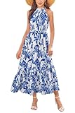 Newshows Sommerkleid Damen Lang Elegant Kleid Neckholder Kleid Sommer Strandkleid(Weiß Floral Leaf Blau, Klein)