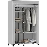 HOMCOM Kleiderschrank aus Stoff Mobiles Aufbewahrungsmöbel 6 Rollen mit Kleiderstange und offenen Regalen Kleiderschrank rollendes Ankleidezimmer für Schlafzimmer 103x43x162,5cm grau