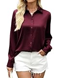 Zeagoo Bluse Damen Satin Elegant V-Ausschnitt Hemden Lässige Oberteil Tops Langarm Satinblusen Button Down Business Shirts Weinrot S