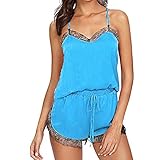 Betory Damen Pyjama-Set, Spitze, klassisch, ärmellos, Shorts, Träger, sexy, schick, Yoga, Laufen, mit Satin, Caraco Satin, Service Pyjama, 1 x Blau., S