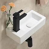 HOROW Waschbecken Hängend, Wandwaschbecken Eckig Weiß Keramik Porzellan Mini Handwaschbecken Klein Gäste WC, Hahnloch Links, 370 x 185 x 90 mm, kein Pop-up-Abfluss