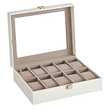 SONGMICS Uhrenbox mit 10 Fächern, Uhrenkasten, Glasdeckel, Uhrenkoffer, herausnehmbare Uhrenkissen, Metallverschluss, Geschenkidee, PU-Bezug in Wolkenweiß, Samtfutter in Cappuccinobeige JWB010W01