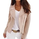 Generisch Damen Kunstlederjacken Wildleder Herbstmode 2025 Outfits Winterkleidung Offene Vorderseite Kurzmantel (Beige, XL)