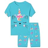 MIXIDON Mädchen Schlafanzug Kurz Kinder Sommer Baumwolle Kinder Pyjama 98 104 110 116 122 128 134 140 146 Katze 9 Jahre
