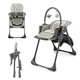 Kinderkraft TUMMIE Hochstuhl 2 in 1, Kinderhochstuhl, Babystuhl, Kombihochstuhl, ab den Ersten Lebensmonaten, Fußstütze, Halbliegende Position, Bezug aus PU, mit Spielzeugen, Grau