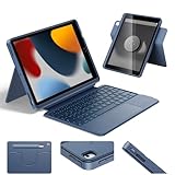 HOU Combo hülle mit Tastatur drehbar für ipad 9 Generation 10,2 Zoll & 8. Gen & 7. Gen Multi-Touch Trackpad, 7 Farben Hintergrundbeleuchtung,abnehmbar,Ultraleicht,Portrait/Landscape Modi,Marineblau