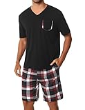 Uniexcosm Schlafanzug Herren Kurz Pyjama Set Baumwolle Zweiteiliger Kurzarm Nachtwäsche Oberteil und Karierte Kurze Hosen Sleepwear für Sommer Schwarz XXL