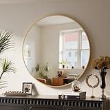 BEAUTYPEAK 46 cm Runder Spiegel, Bruchsicherer Wandspiegel mit Aluminiumrahmen, Badezimmer Spiegel zum Aufhängen und Anlehnen, Rund Wandspiegel für Schlafzimmer, Bad, Wohnzimmer Gold