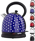 Grafner Retro Wasserkocher 2200 Watt, 1,8 Liter, Edelstahl-Korpus, Wunschfarbe, entnehmbarer Kalkfilter, kabellos, Überhitzungsschutz, BPA-Frei, Cool-Touch, Wasserstandsanzeige (Pünktchen blau)