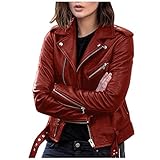 Lederjacke Damen Sexy Einfarbig Jacke Bikerjacke Kurzmantel Streetwear Mantel Motorradjacke Bikerjacke Lederjacke Langarm Revers Übergangsjacke Herbstjacke Schlanke Kunstlederjacke