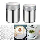 2 Stück Puderzuckerstreuer Kakaostreuer für Cappuccino - 16 Stück Druckform-Schablonen, Kaffee Zubehör Edelstahl-Pulverstreuer, Mehlstreuer mit Deckel