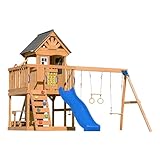 AXI Jack Spielturm aus Holz in Braun mit Doppelschaukel | Spielplatz für Kinder mit Blauer Rutsche, Schaukel, Trapez, Kletterwand, Picknicktisch & Sandkasten | Stelzenhaus für den Garten