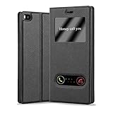 Cadorabo Hülle kompatibel mit Huawei P8 in KOMETEN SCHWARZ - Schutzhülle mit Magnetverschluss, Standfunktion und 2 Sichtfenstern