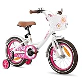 HILAND 14 Zoll Kinderfahrrad für Mädchen Fahrrad 3 4 5 Jahren mit Korb Stützräder Weiß