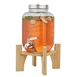 Hiziwimi 4L Getränkespender mit Ständer, Getränkespender aus Glas mit Zapfhahn aus massivem Edelstahl (4L-Glas mit Ständer aus Bambus)