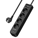 JSVER Steckdosenleiste mit USB Steckdosenadapter 4 Fach mit 3 USB Anschluss, Mehrfachsteckdose Wandmontage (3680W/16A) mit Schaltbar 1,5M Kabel für Phones,Laptop,Tablets -Schwarz
