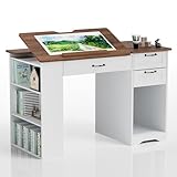 AeasyG Verstellbarer Zeichentisch - Mit 3 Schubladen & 3-stufigen Regalen, Stabile MDF-Konstruktion (50kg Tragfähigkeit) für Künstler & Home Office, 0-80° Winkelanpassung, 60x120x76cm