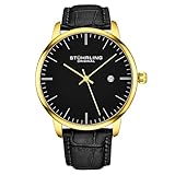 Stuhrling Originelle Herrenuhr, Armband aus schwarzem Kalbsleder, klassische Armbanduhr, analog, minimalistisches Zifferblatt mit Datum, Gold/Schwarz