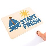 Badematte 80x50 cm – Flauschiger & rutschfester Badteppich fürs Bad | Weicher, saugfähiger & waschbarer Badezimmerteppich – Beige mit Sonne & Segelboot „Start Fresh“ Motiv – Modern & gemütlich
